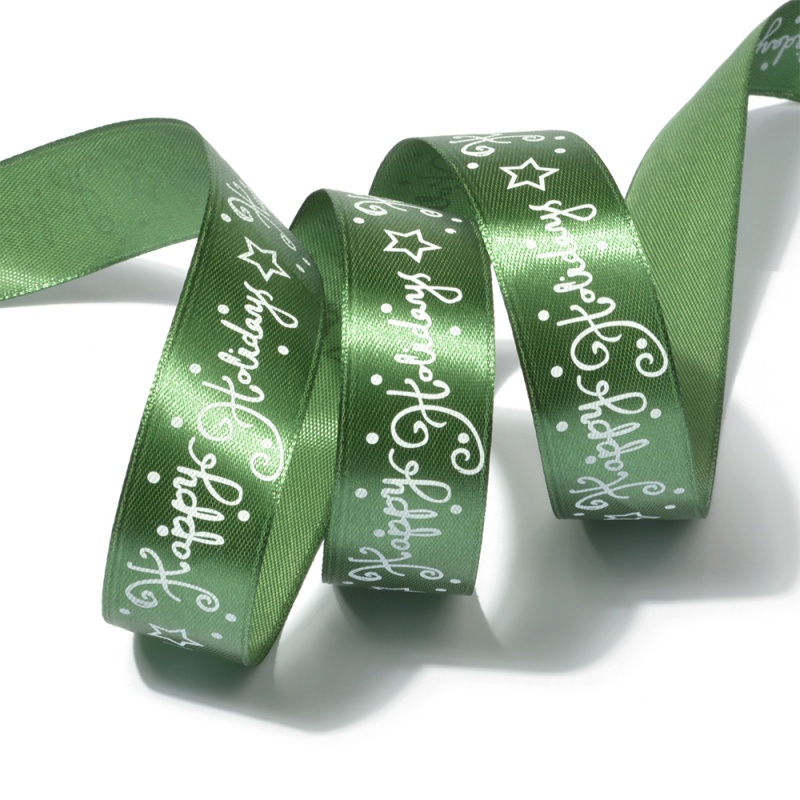 Лента атласная с рисунком "Happy Holidays," 40мм*10 белый на зеленом за 1м  Маг ZX-2/LDA256