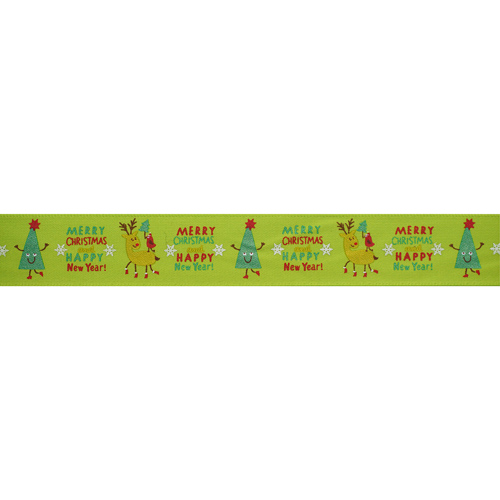 Лента атласная  "Новогодняя" 20мм зеленая с елками и оленями, надпись, 20мм*22,5м 7719658														