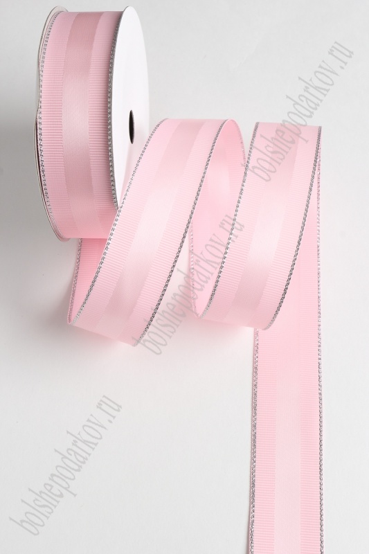 Лента репсовая с люрексом и атласной вставкой, цвет 123 розовый 25мм, 25мм*9,1м 126-36/SF-1726														