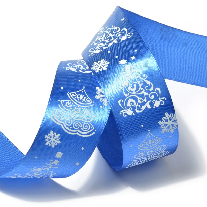 Лента атласная с рисунком "Елочки, снежинки" 40мм*10м белые на синем за 1м  Маг ZX-2/LDA183	