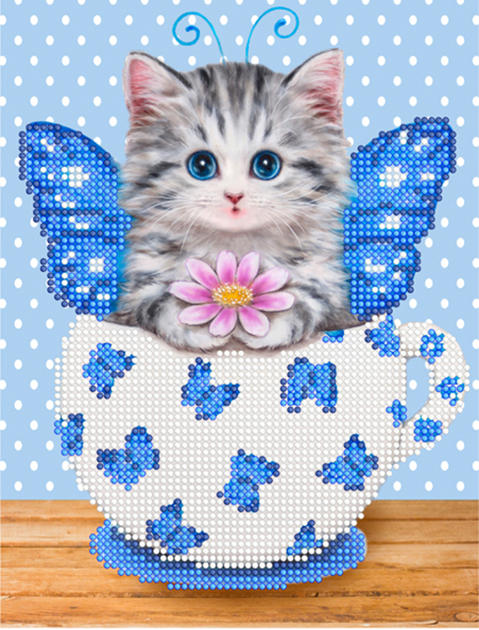 Мозаика "Котенок в кружке (бабочки) голубой" БСА4-004 (А4), круглые стразы в пакете  Наследие
